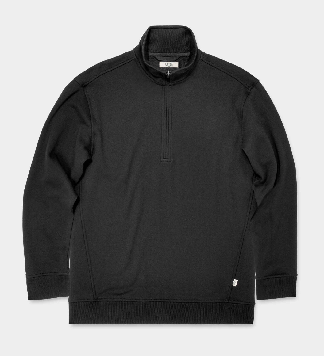UGG Black Men's Zeke half-zip pullover sweater in a soft cotton-blend fleece, available at Be Charmed.
