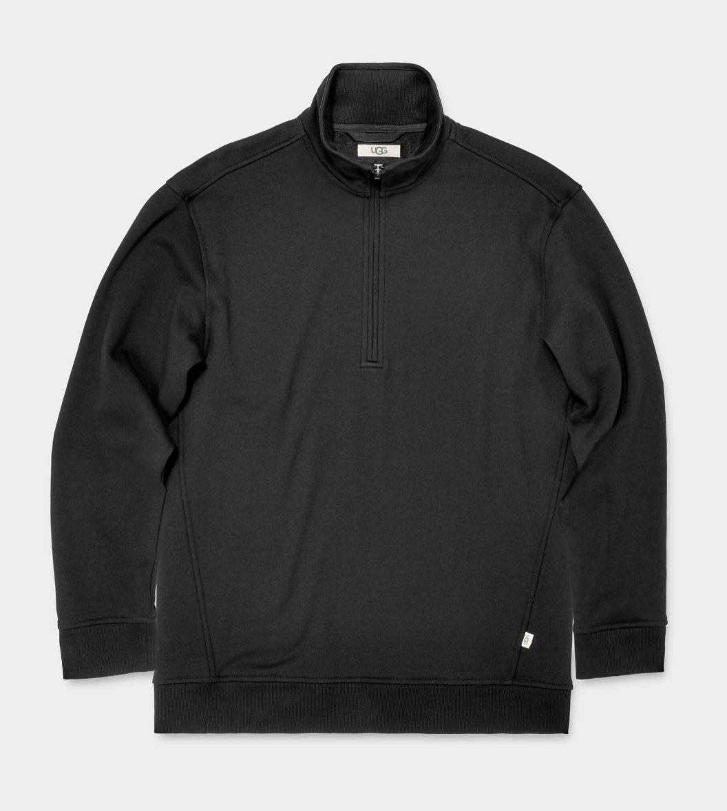 UGG Black Men's Zeke half-zip pullover sweater in a soft cotton-blend fleece, available at Be Charmed.