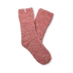 Pair of UGG pink fuzzy socks on a white background. Available at Be Charmed. 