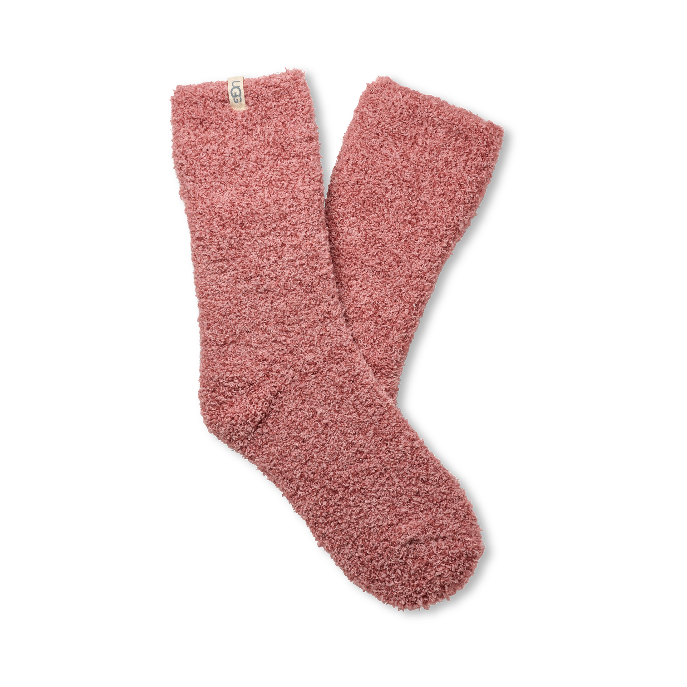 Pair of UGG pink fuzzy socks on a white background. Available at Be Charmed. 