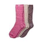 Three pairs of UGG rib knit slouchy socks in pink, beige, and brown on a white background. Available at Be Charmed.