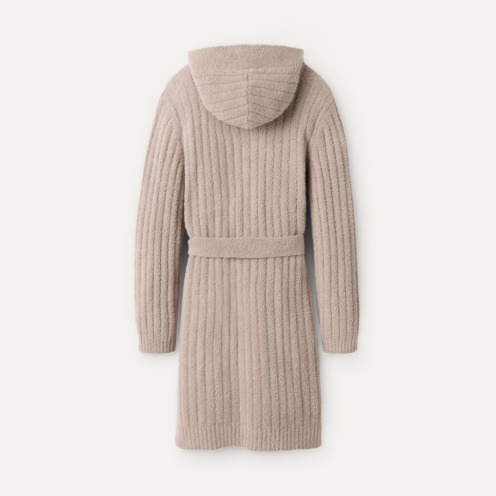Back view of UGG Women's Amari Rib Robe in Granite grey textured hooded cozy knit loungewear, available at Be Charmed.