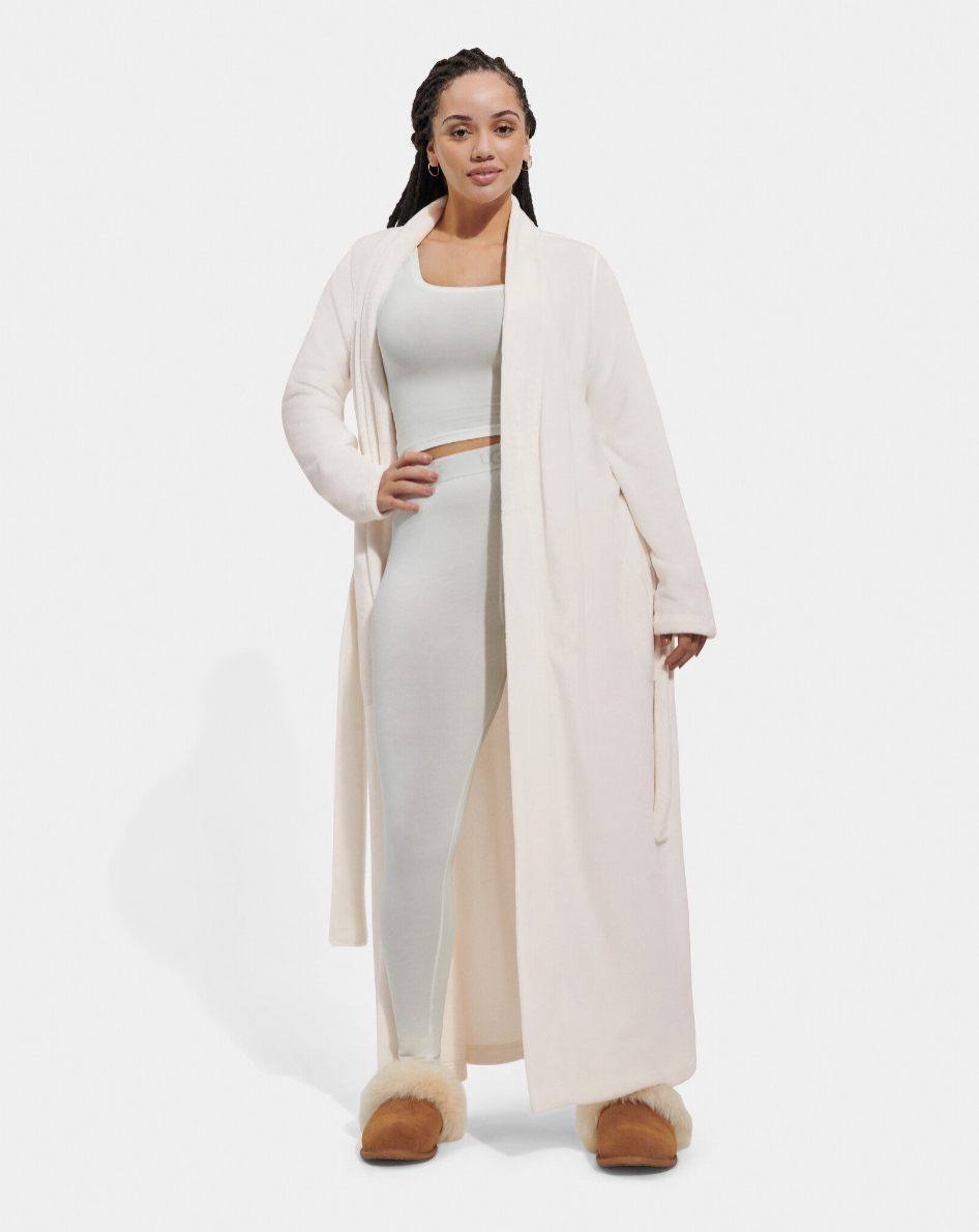 UGG Marlow premium long fleece robe in Nimbus with on-seam side pockets, available at Be Charmed.