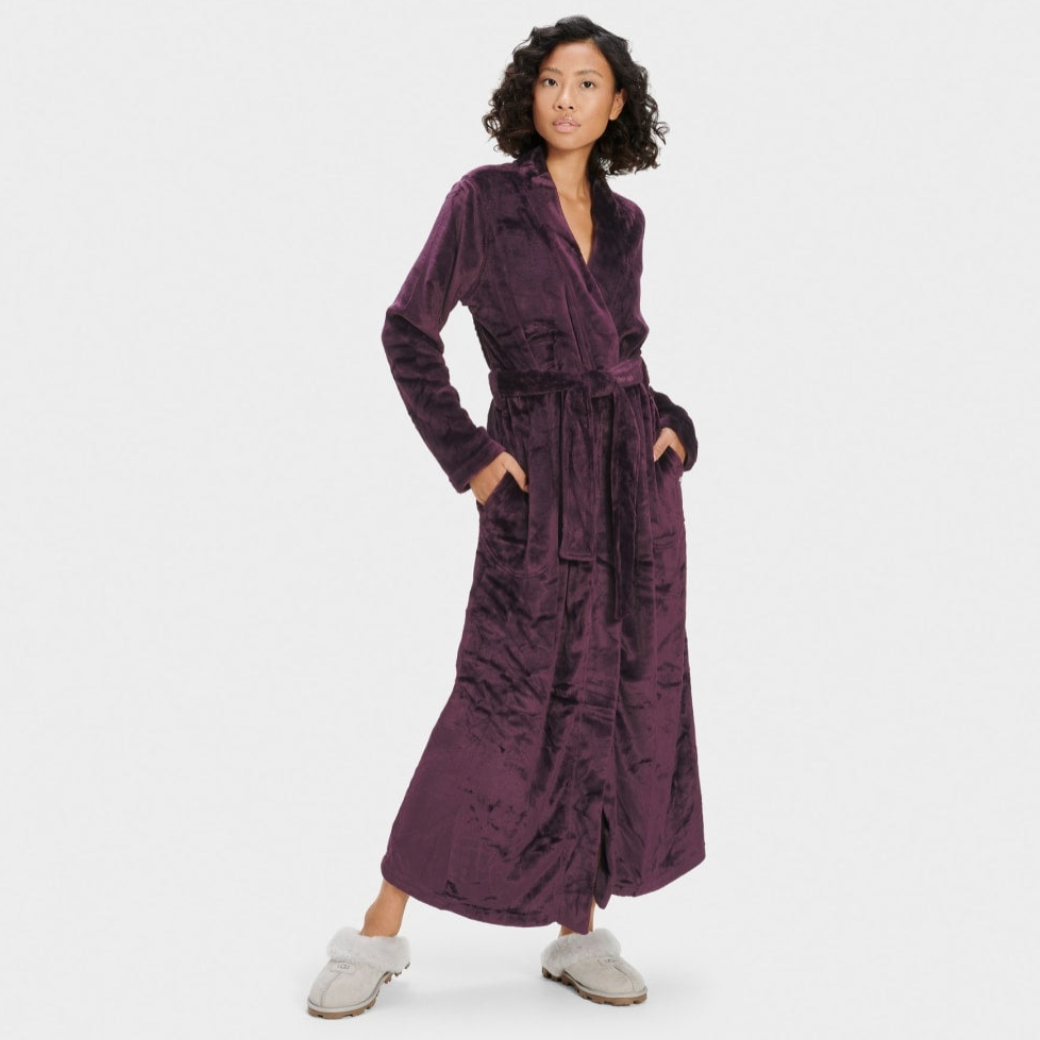 UGG Marlow premium long fleece robe in port with on-seam side pockets, available at Be Charmed.