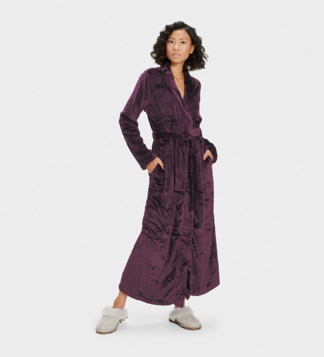 UGG Marlow premium long fleece robe in port with on-seam side pockets, available at Be Charmed.