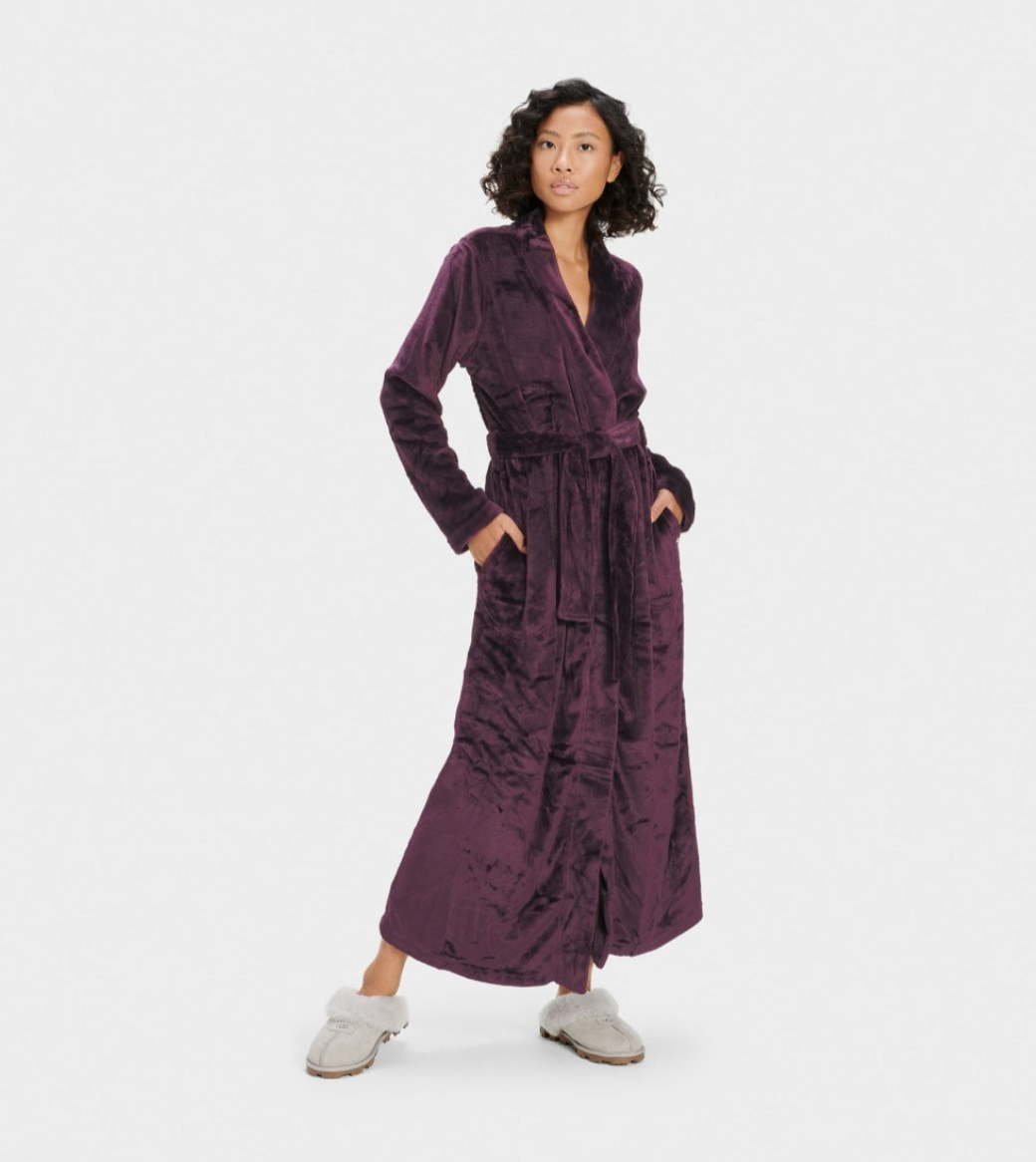 UGG Marlow premium long fleece robe in port with on-seam side pockets, available at Be Charmed.
