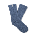 Pair of blue fuzzy socks on a white background. Available at Be Charmed