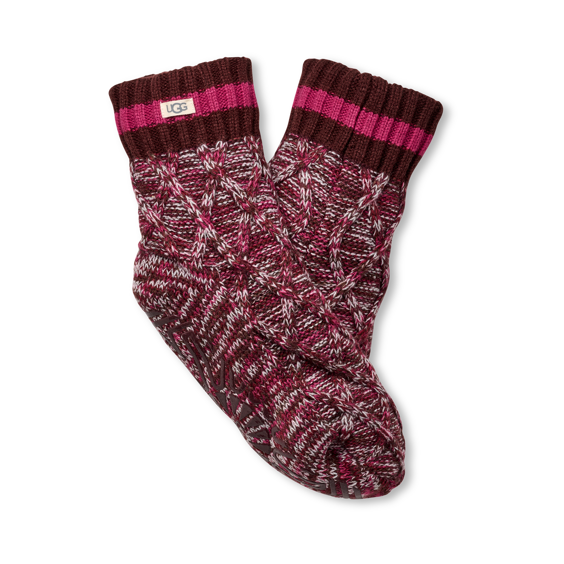 Pair of wild grape patterned socks with UGG logo on a white background. Available at Be Charmed. 