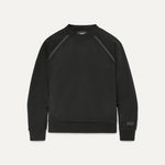 A black crewneck sweatshirt with twin seam details and an overlapping neckline. Available at Be Charmed
