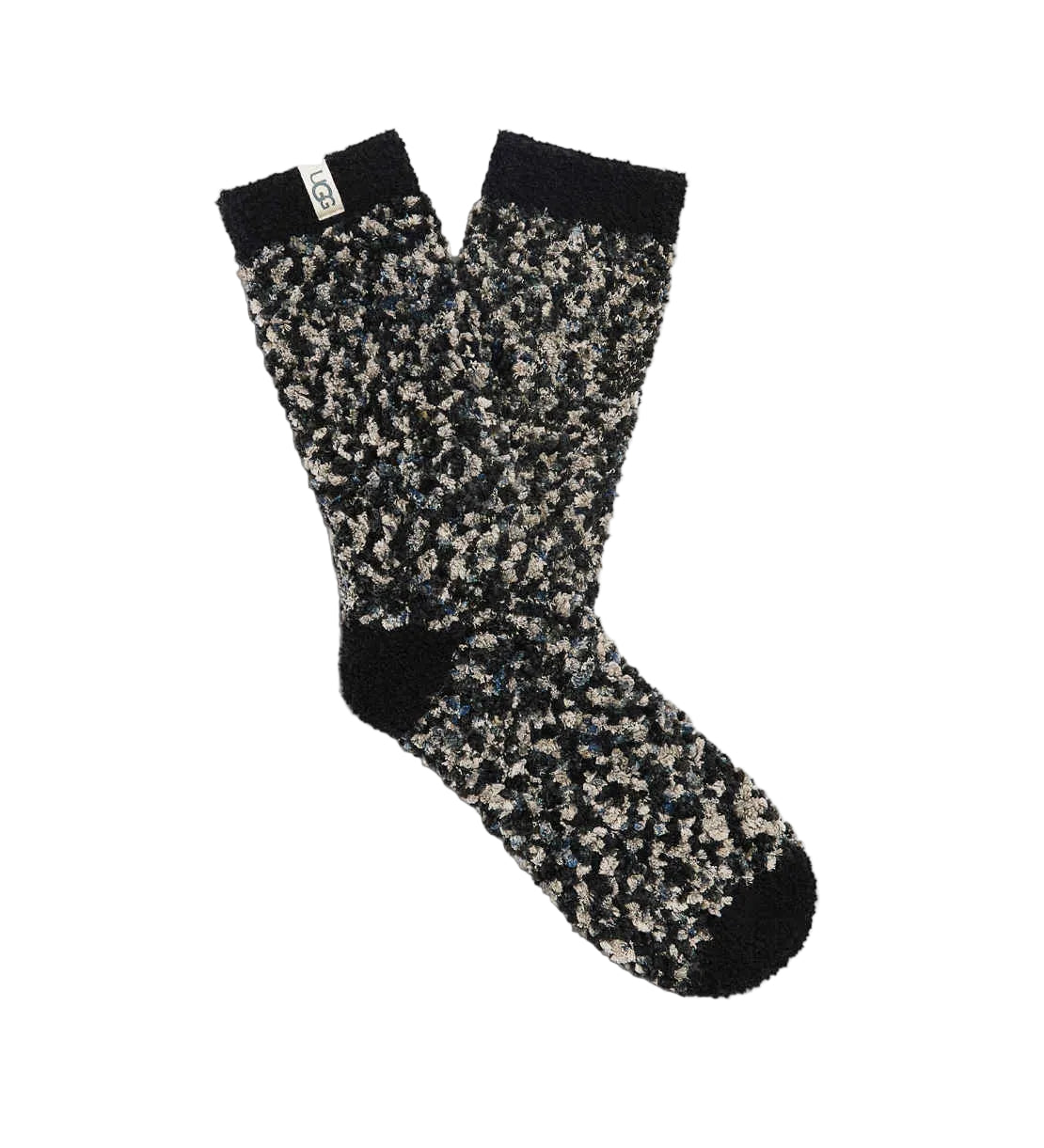 A pair of UGG Women's Cozy Chenille Socks with a floral pattern in black, gray, and white colors. Available at Be Charmed