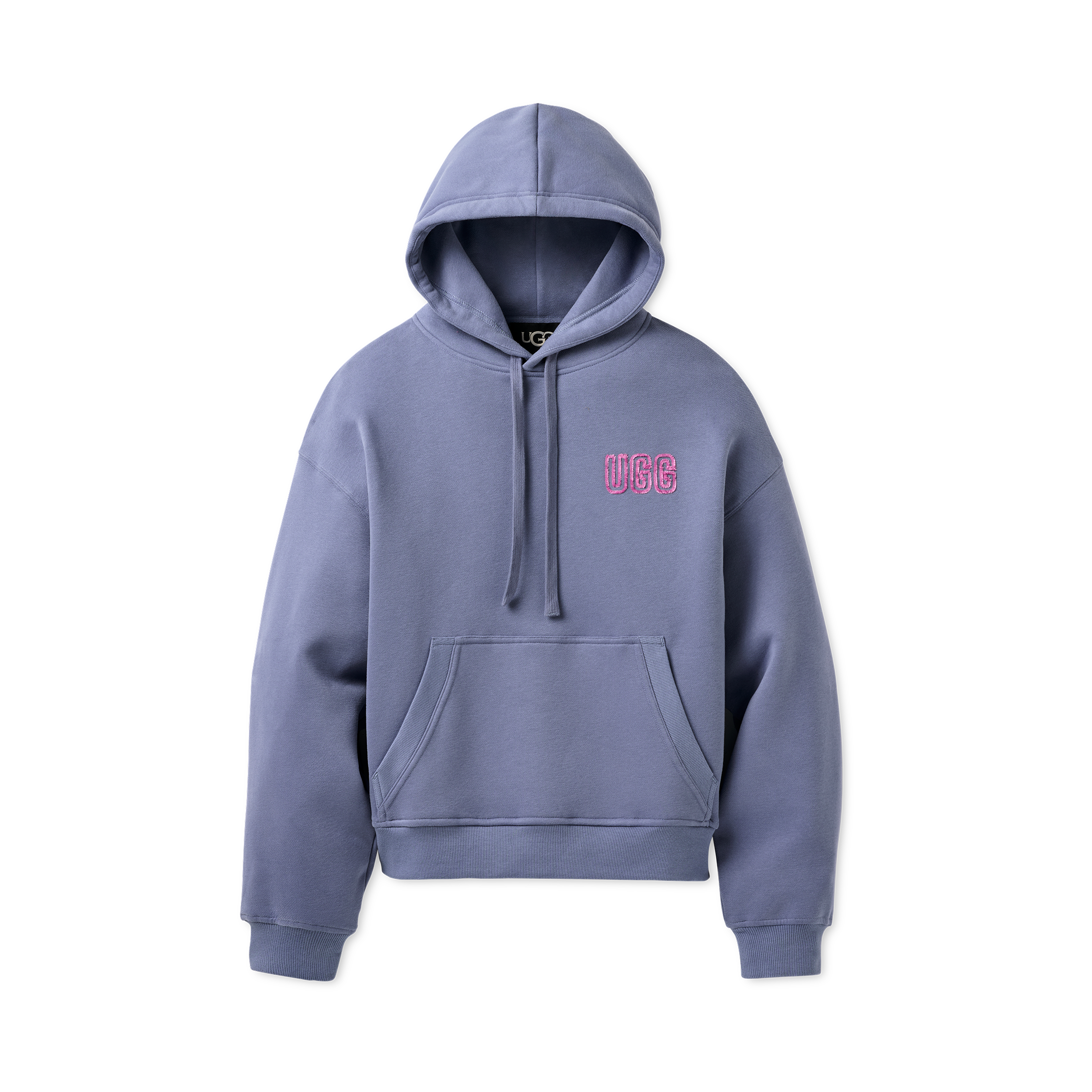 Blue hoodie with pink UGG logo on a white background. Available at Be Charmed. 