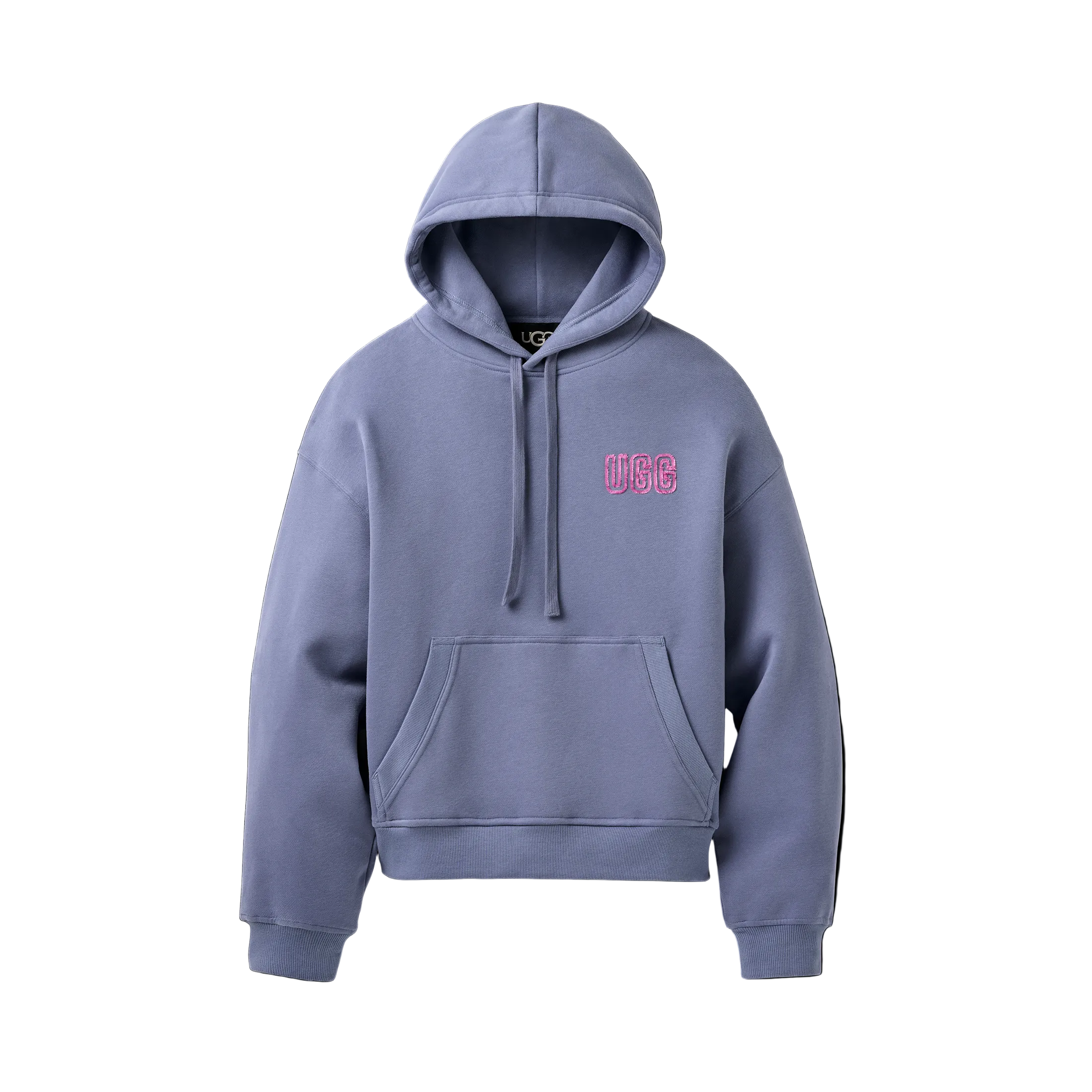 Blue hoodie with pink UGG logo on a white background. Available at Be Charmed. 