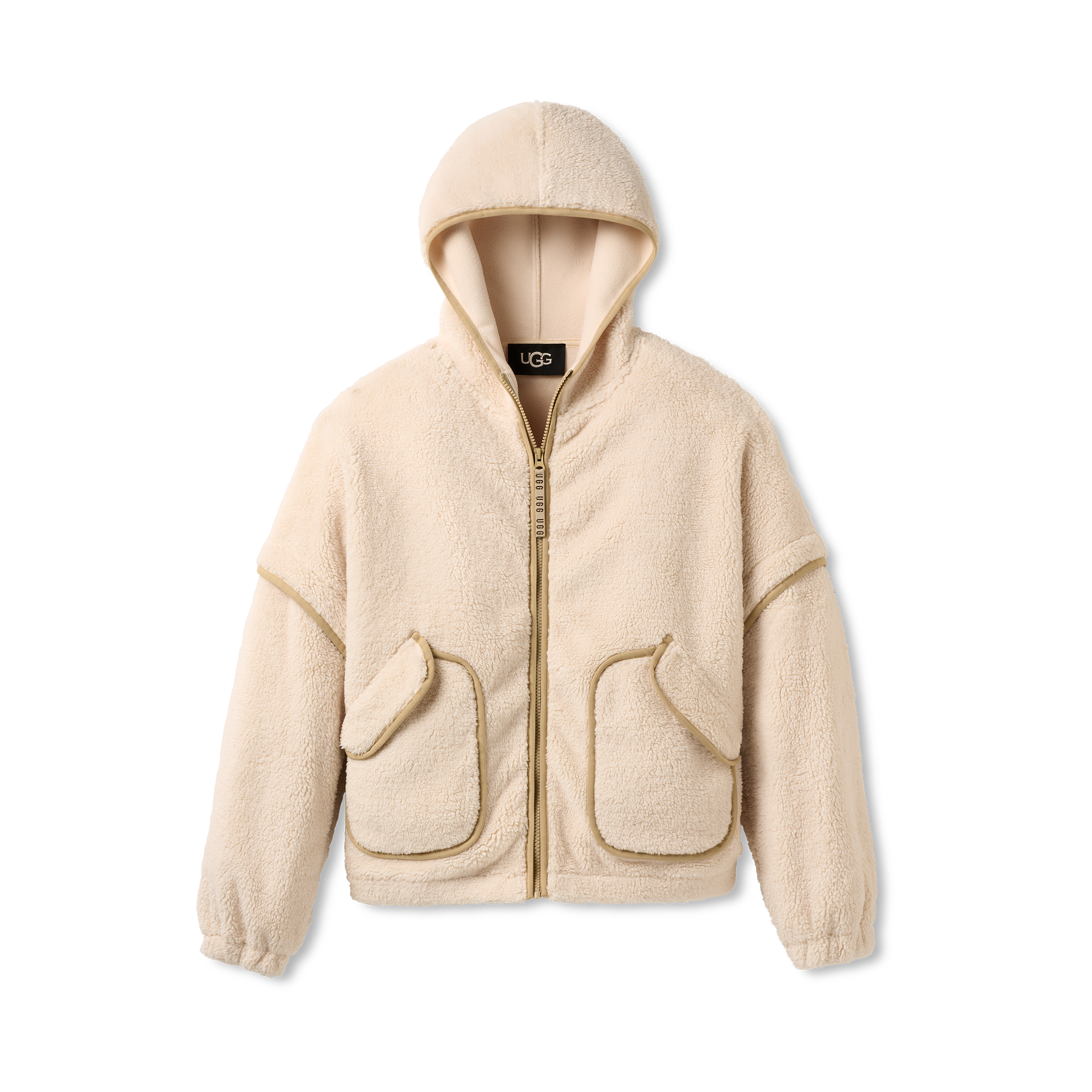 Cream and Beige UGG fleece jacket with hood on a white background. Available at Be Charmed