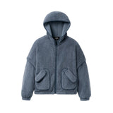 A dusty blue ugg sherpa fleece zip-up hoodie jacket with a drawstring hood and two large front patch pockets, shown flat on a light cream background. Available at Be Charmed