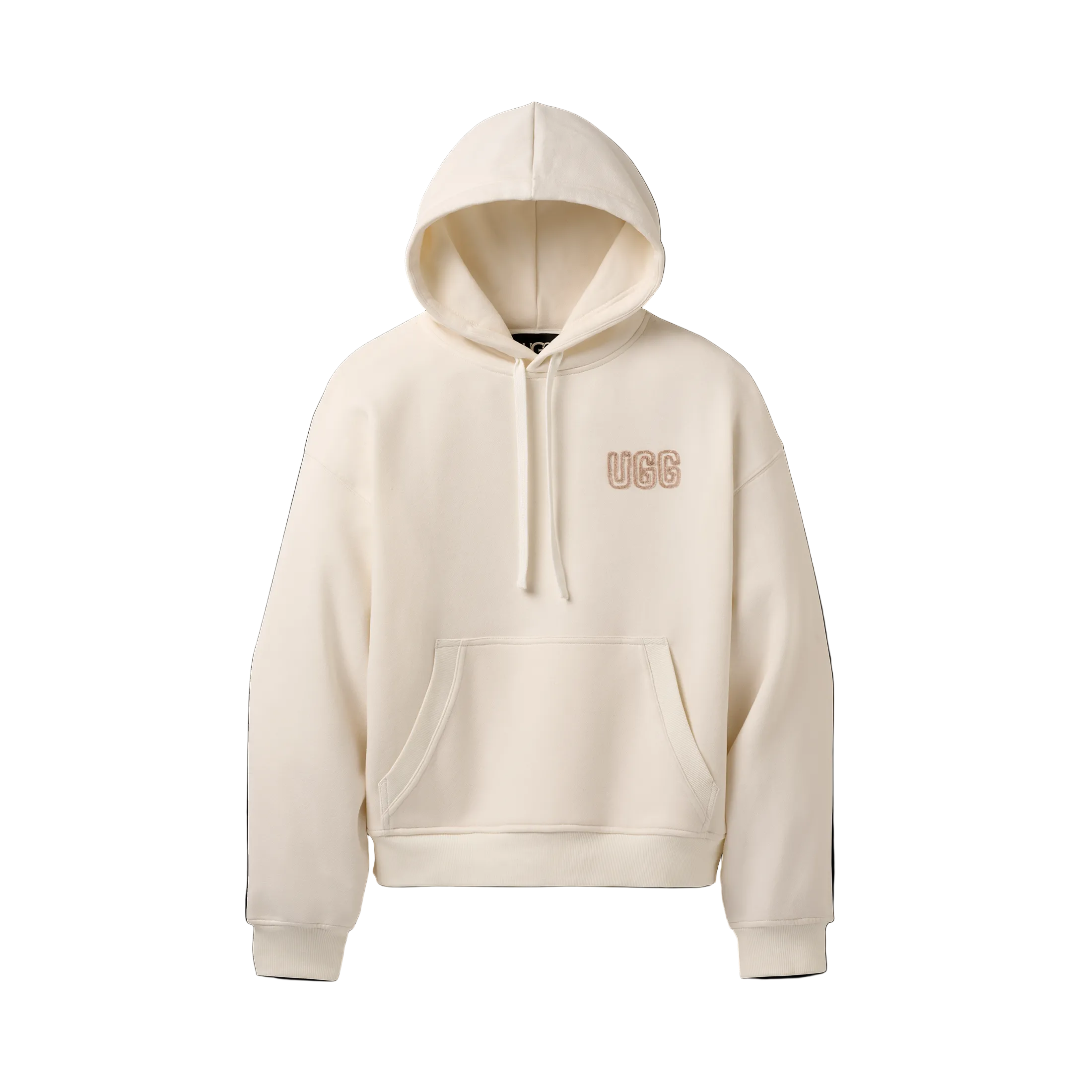 Beige hoodie with 'UGG' logo on a white background. Available at Be Charmed. 