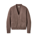 Brown cardigan with button details on a white background. Available at Be Charmed