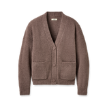 Brown cardigan with button details on a white background. Available at Be Charmed