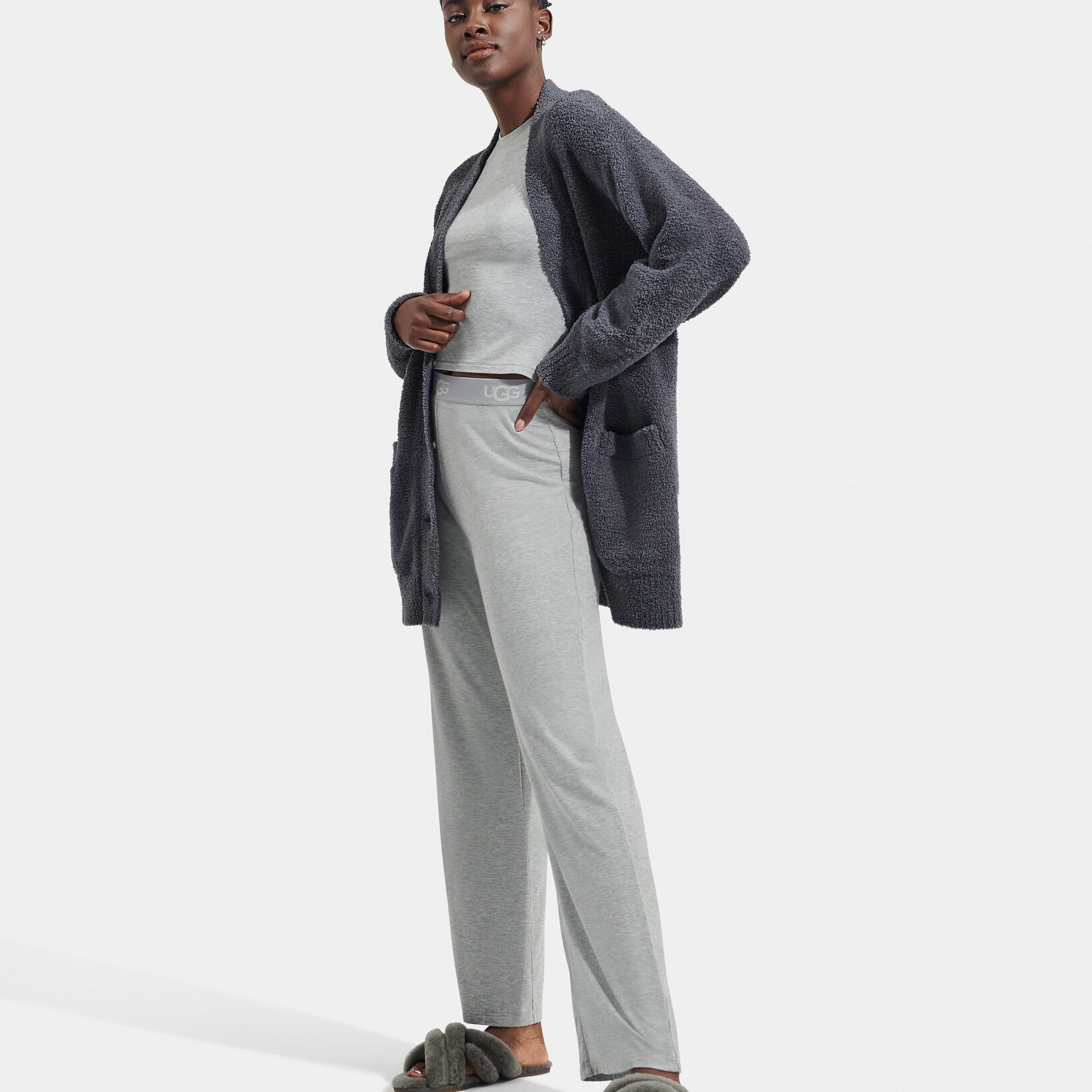 UGG Women's Joselyn Cardigan II in Obsidian black long open-front knit sweater, available at Be Charmed.