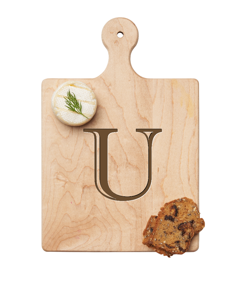 Maple Leaf 9x6 Initial Board U with Spreader. Personalized wooden serving board with monogram design. Perfect gift. Available at Be Charmed.