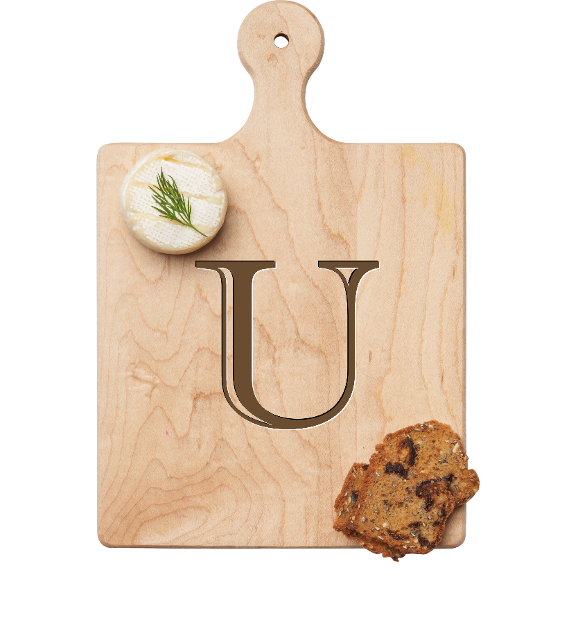Maple Leaf 9x6 Initial Board U with Spreader. Personalized wooden serving board with monogram design. Perfect gift. Available at Be Charmed.