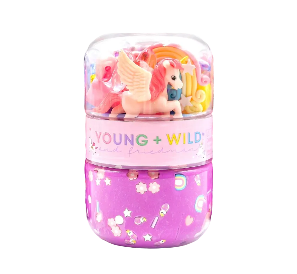 Unicorn Valentine Young + Wild & Friedman grab and go dough jar for creative sensory. Available at Be Charmed