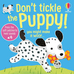 Book cover of 'Don't Tickle the Puppy!' with a cartoon dog and colorful text on a blue background. Available at Be Charmed
