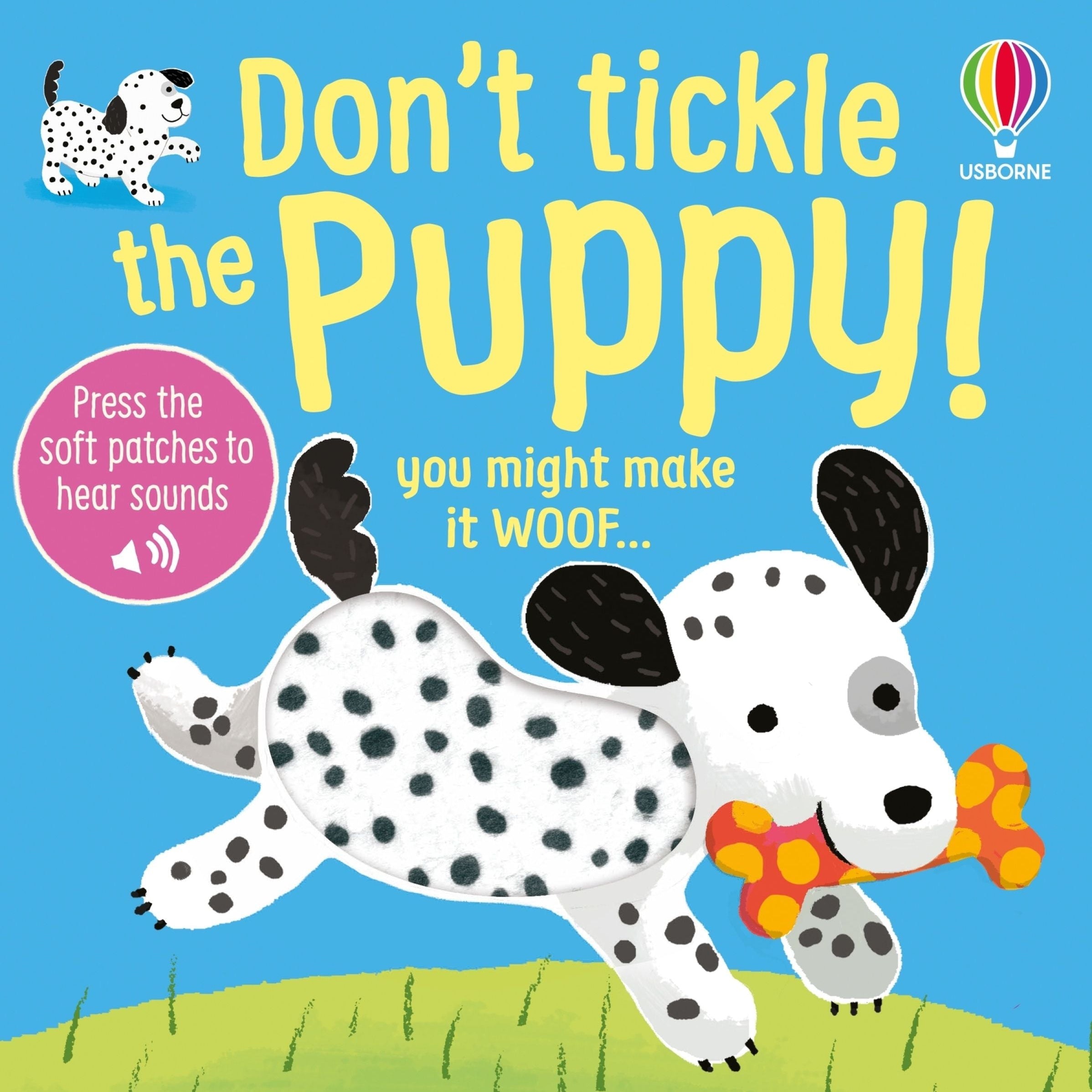 Book cover of 'Don't Tickle the Puppy!' with a cartoon dog and colorful text on a blue background. Available at Be Charmed