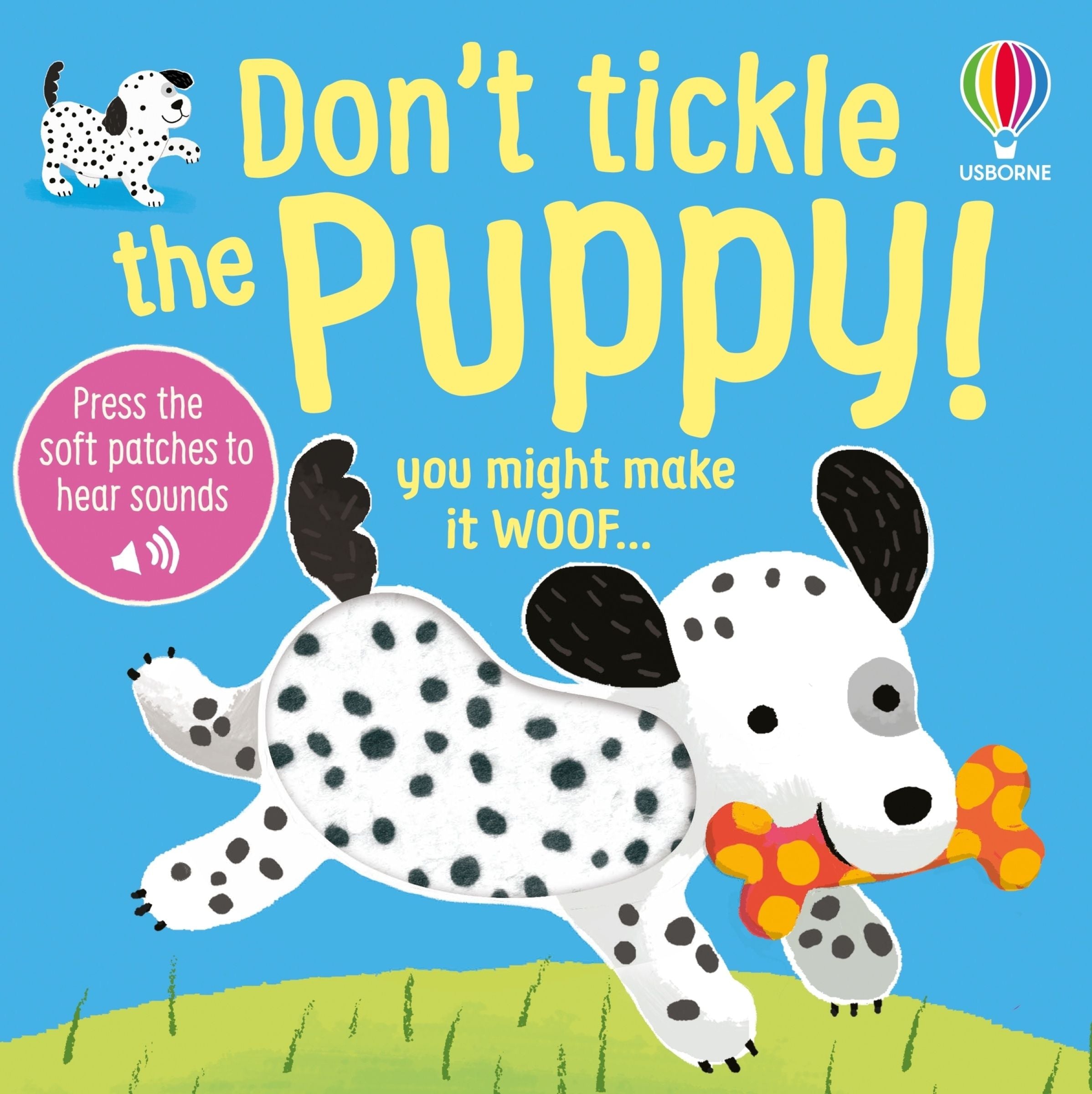 Book cover of 'Don't Tickle the Puppy!' with a cartoon dog and colorful text on a blue background. Available at Be Charmed