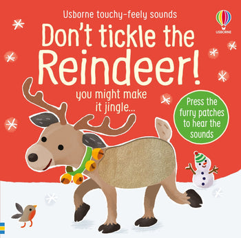 Book cover of 'Don't Tickle the Reindeer!' with a reindeer illustration and Usborne branding. Available at Be Charmed