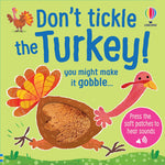 Children's book cover with a cartoon turkey and text 'Don't tickle the Turkey! you might make it gobble. Available at Be Charmed