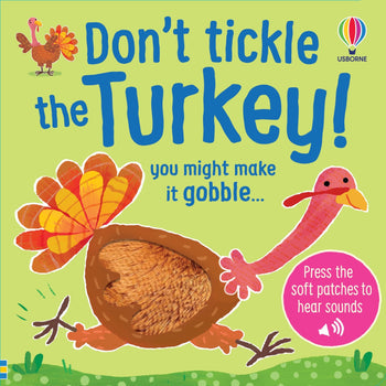 Children's book cover with a cartoon turkey and text 'Don't tickle the Turkey! you might make it gobble. Available at Be Charmed