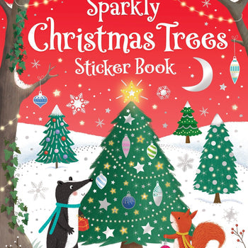 Usborne Sparkly Christmas Trees Sticker Book cover with trees, animals, and festive decorations on a red background. Available at Be Charmed
