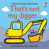 Book cover of 'That's not my digger' with a yellow excavator on a blue background. Available at Be Charmed
