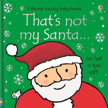 Book cover of 'That's not my Santa' with a cartoon Santa Claus on a green background. Available at Be Charmed