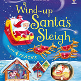 Usborne Wind-up Santa's Sleigh toy with Santa in a sleigh and reindeer, set against a festive background. Available at Be Charmed