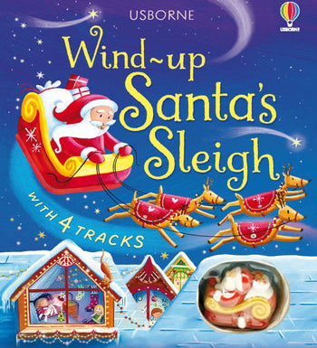 Usborne Wind-up Santa's Sleigh toy with Santa in a sleigh and reindeer, set against a festive background. Available at Be Charmed