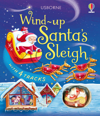 Usborne Wind-up Santa's Sleigh toy with Santa in a sleigh and reindeer, set against a festive background. Available at Be Charmed