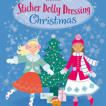 Book cover of 'Sticker Dolly Dressing Christmas' with two dolls and a Christmas tree on a blue background. Available at Be Charmed