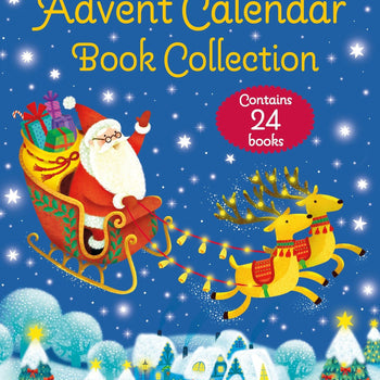 Advent calendar book collection with Santa and reindeer on a blue background. Available at Be Charmed