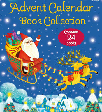 Advent calendar book collection with Santa and reindeer on a blue background. Available at Be Charmed