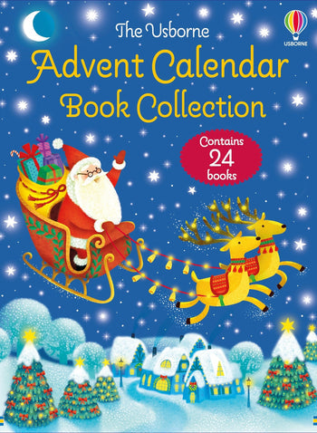 Advent calendar book collection with Santa and reindeer on a blue background. Available at Be Charmed