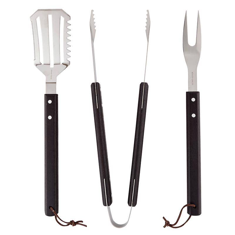 Utensils for Creative Brands BBQ Tools Book Set with stainless steel spatula, tongs & fork in masculine book-style box, includes smokey recipe—Available at Be Charmed