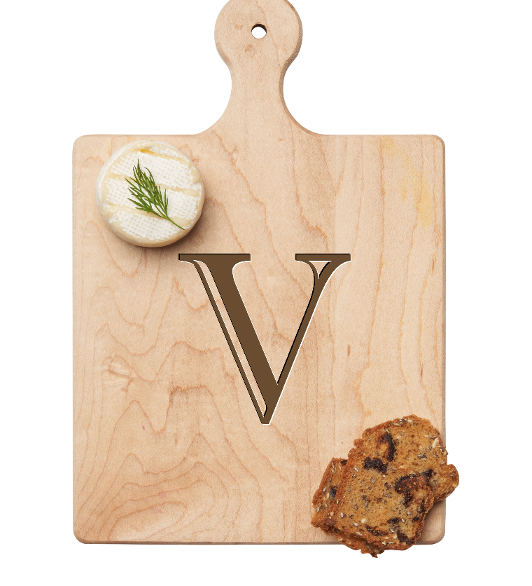 Maple Leaf 9x6 Initial Board  V with Spreader. Personalized wooden serving board with monogram design. Perfect gift. Available at Be Charmed.