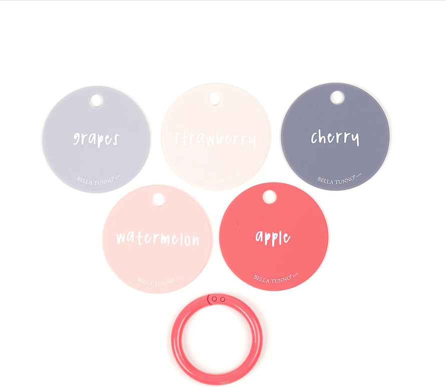View of Bella Tunno "Fruit for Thought" Teething Flashcards in vibrant colors, featuring easy-grip handles and soft, food-grade silicone, available at Be Charmed.
