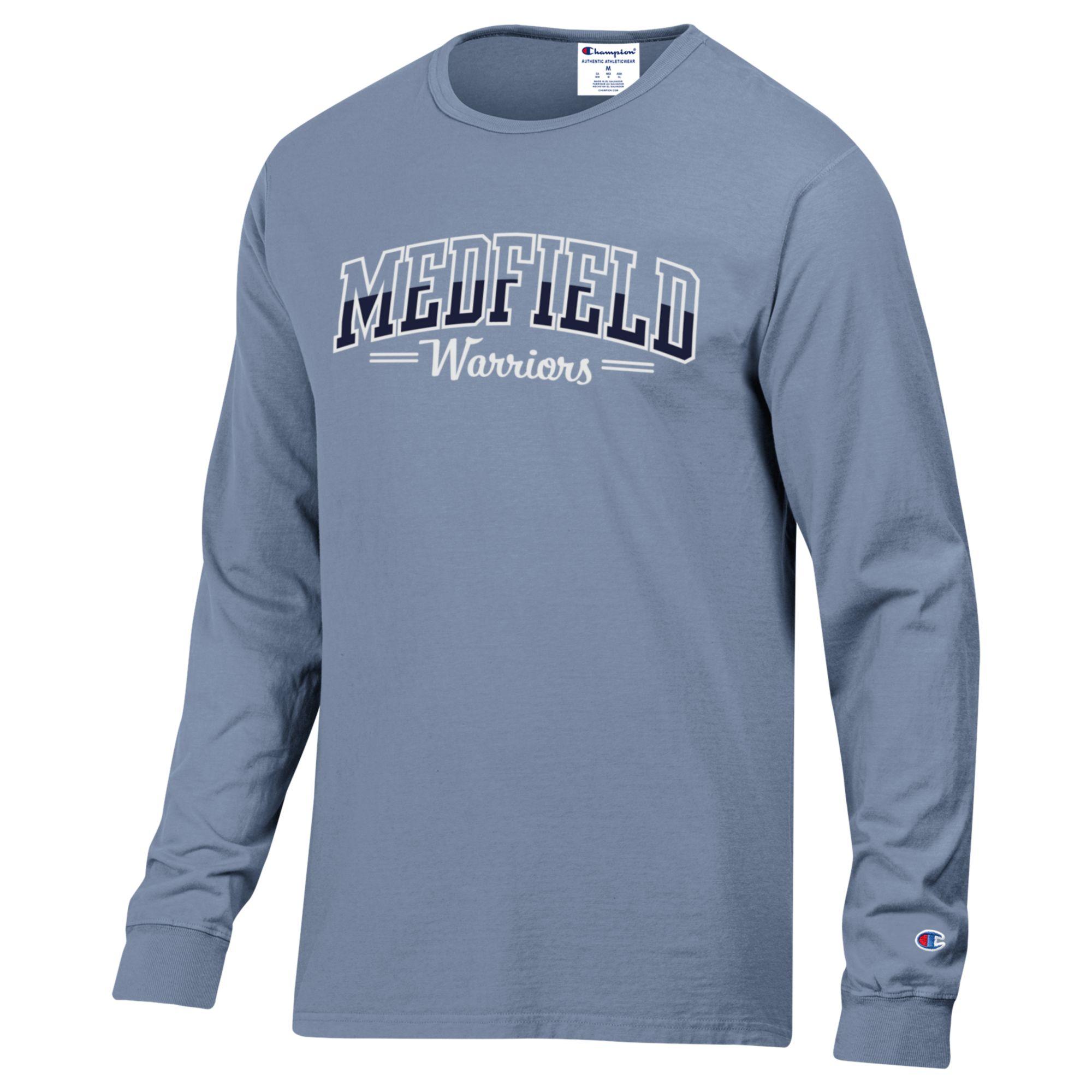  Be Charmed Wildflower Pale Blue Medfield long sleeve tee by Champion – classic athletic fit with bold Medfield lettering, soft cotton blend for comfort and hometown pride, available at Be Charmed.