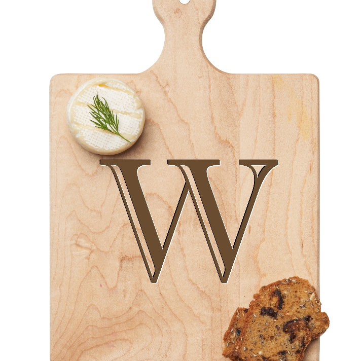 Maple Leaf 9x6 Initial Board W with Spreader. Personalized wooden serving board with monogram design. Perfect gift. Available at Be Charmed.