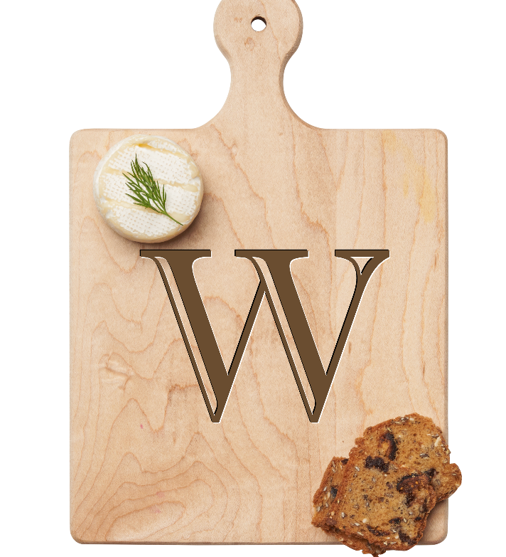 Maple Leaf 9x6 Initial Board W with Spreader. Personalized wooden serving board with monogram design. Perfect gift. Available at Be Charmed.