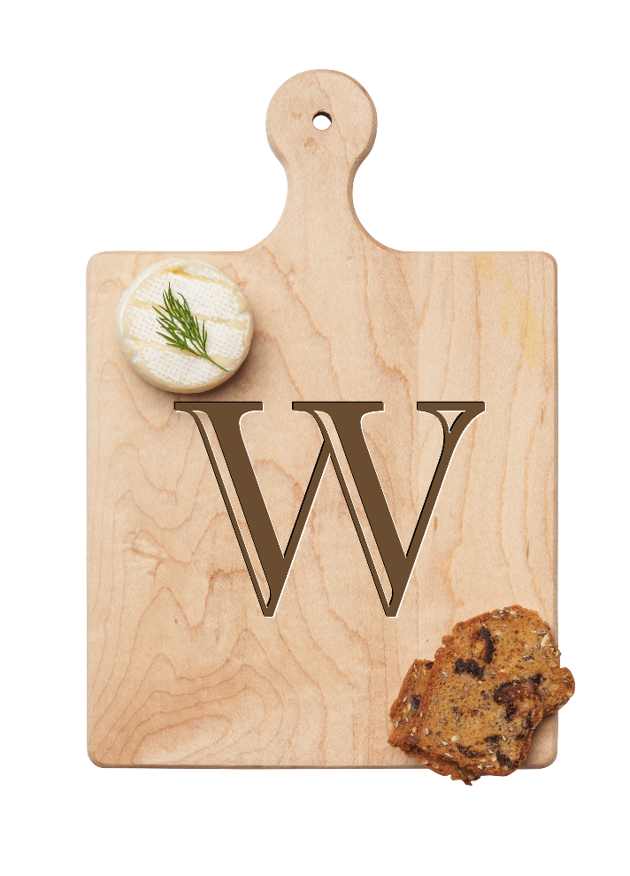 Maple Leaf 9x6 Initial Board W with Spreader. Personalized wooden serving board with monogram design. Perfect gift. Available at Be Charmed.