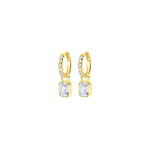 White CZ Gold hoop earrings with rectangular gemstones on a white background. Available at Be Charmed