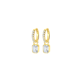White CZ Gold hoop earrings with rectangular gemstones on a white background. Available at Be Charmed